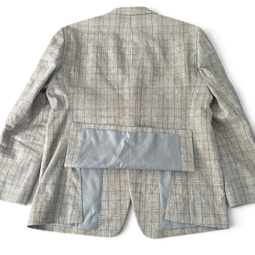 Joseph Abboud Paisley Linen Blazer Men 44S Slim Tan Plaid 2 Button Sport Coat